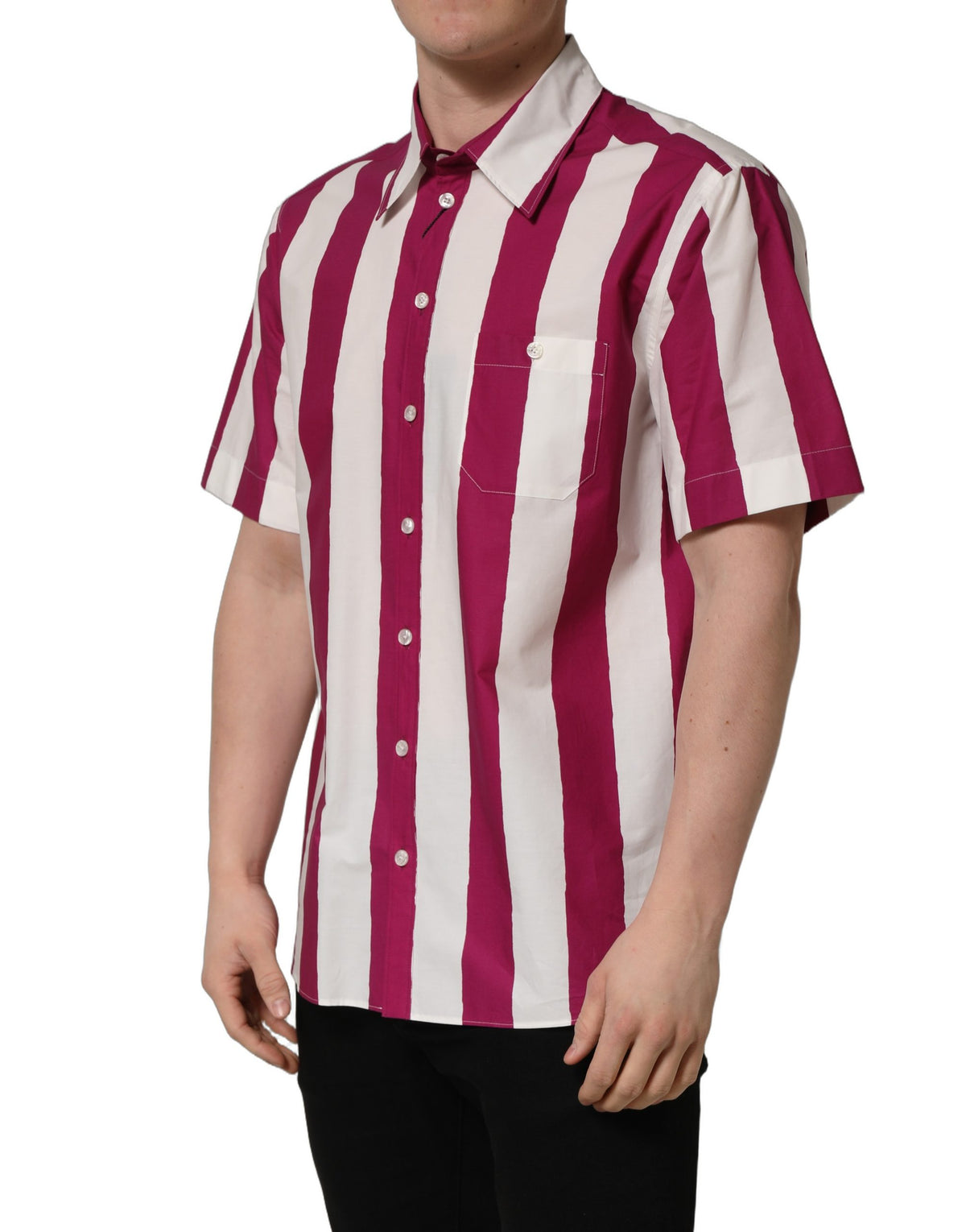 Dolce & Gabbana Men's Regular Fit Wide Short-Sleeve Cotton Shirt - Burgundy Cream Maroon White Patterned Striped
