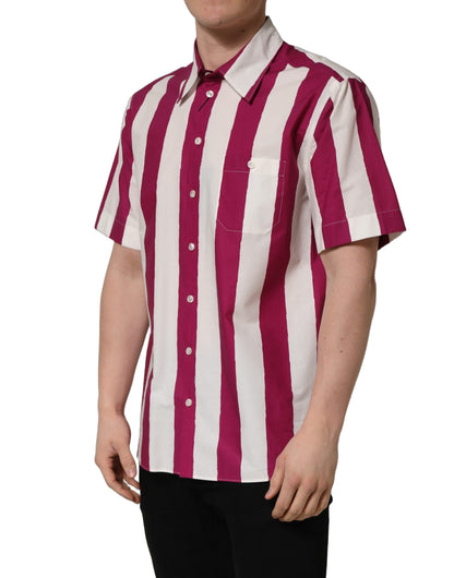 Dolce & Gabbana Men's Regular Fit Wide Short-Sleeve Cotton Shirt - Burgundy Cream Maroon White Patterned Striped