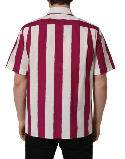 Dolce & Gabbana Men's Regular Fit Wide Short-Sleeve Cotton Shirt - Burgundy Cream Maroon White Patterned Striped