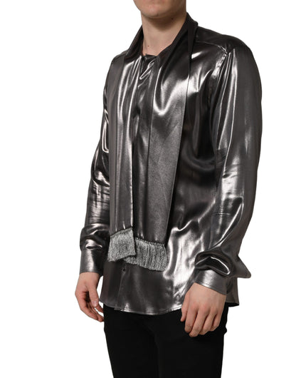 Dolce & Gabbana Silver Satin Silk Long Sleeves Men Dress Shirt