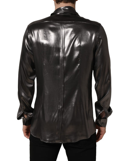 Dolce & Gabbana Silver Satin Silk Long Sleeves Men Dress Shirt