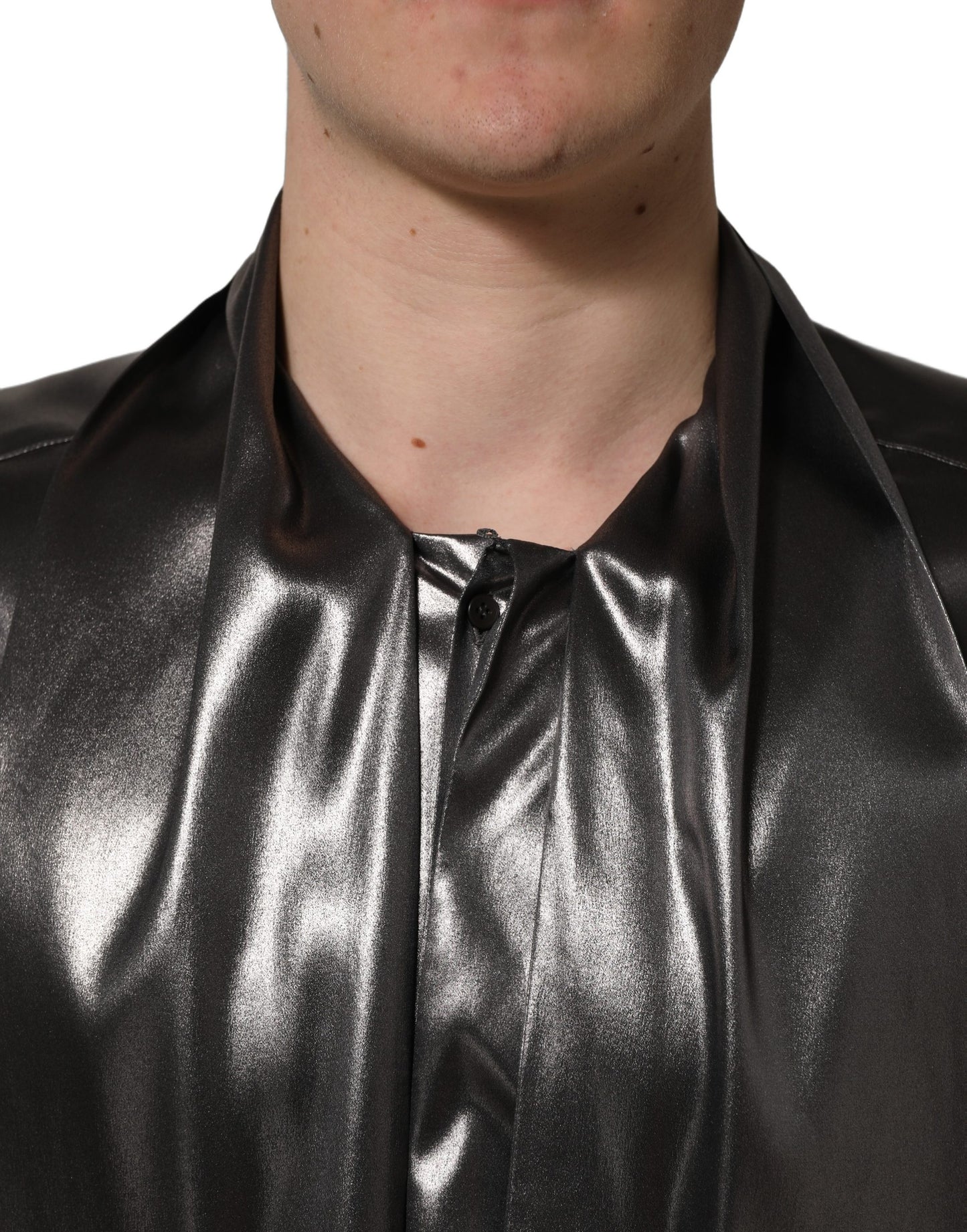 Dolce & Gabbana Silver Satin Silk Long Sleeves Men Dress Shirt