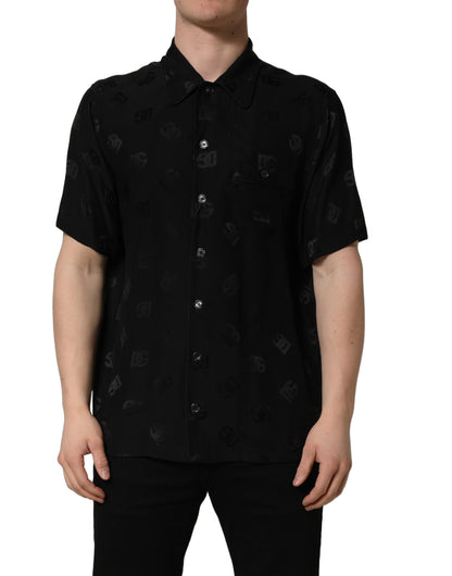 Dolce & Gabbana Men's Regular Fit Short-Sleeve Silk Shirt - Black Patterned Monogram