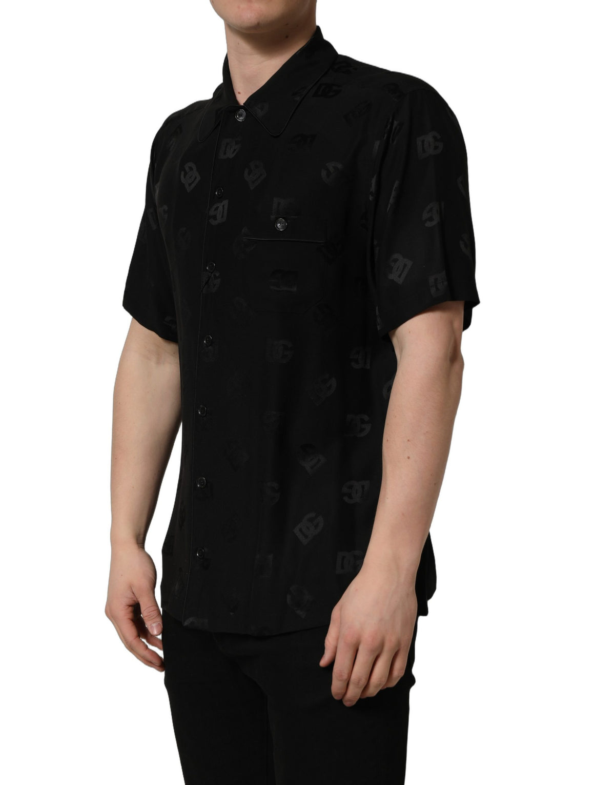 Dolce & Gabbana Men's Regular Fit Short-Sleeve Silk Shirt - Black Patterned Monogram