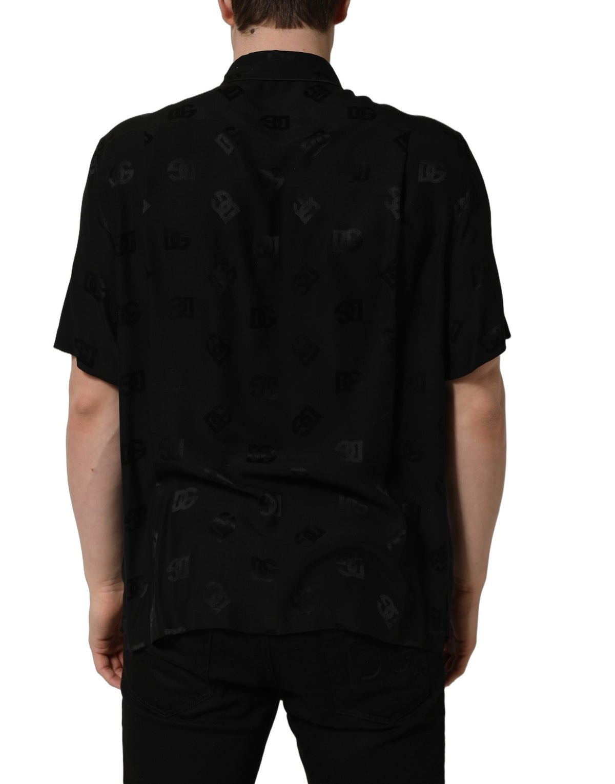 Dolce & Gabbana Men's Regular Fit Short-Sleeve Silk Shirt - Black Patterned Monogram