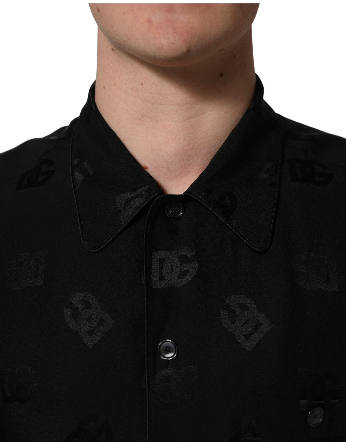 Dolce & Gabbana Men's Regular Fit Short-Sleeve Silk Shirt - Black Patterned Monogram
