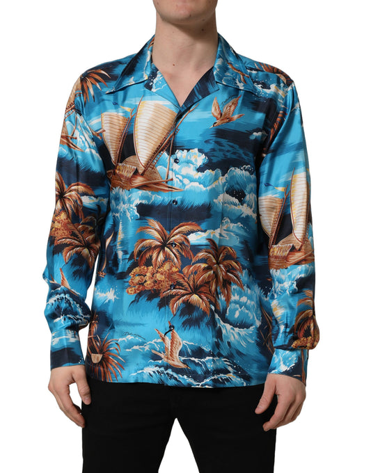 Dolce & Gabbana Men's Regular Fit Short-Sleeve; Long-Sleeve Silk Twill Shirt - Blue Patterned Print