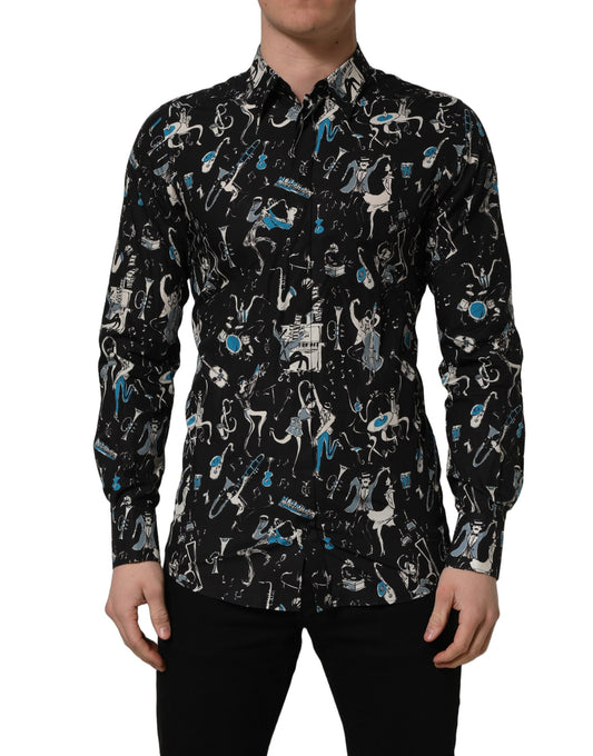 Dolce & Gabbana Men's Slim Long-Sleeve Cotton Dress Shirt - Black Gold Print