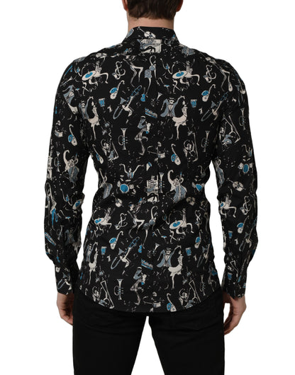 Dolce & Gabbana Men's Slim Long-Sleeve Cotton Dress Shirt - Black Gold Print