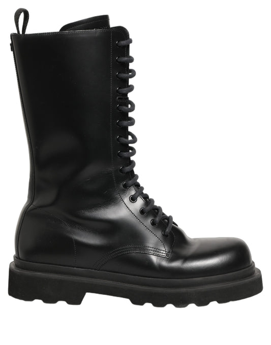 Dolce & Gabbana Men's Calf Leather Lace-Up Combat High Knee-High Mid-Calf Boots - Black Signature