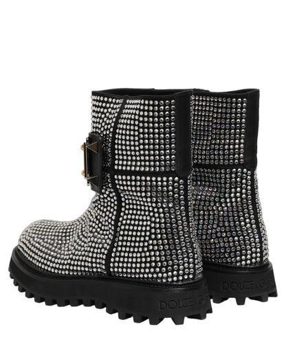 Dolce & Gabbana Men's Calf Leather & Crystal Ankle Mid-Calf Short Boots - Black