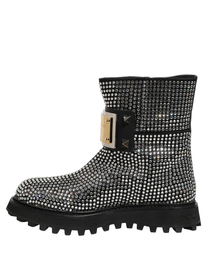 Dolce & Gabbana Men's Calf Leather & Crystal Ankle Mid-Calf Short Boots - Black