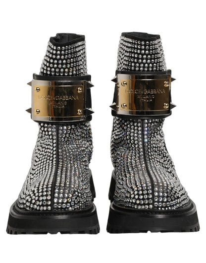Dolce & Gabbana Men's Calf Leather & Crystal Ankle Mid-Calf Short Boots - Black