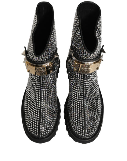 Dolce & Gabbana Men's Calf Leather & Crystal Ankle Mid-Calf Short Boots - Black