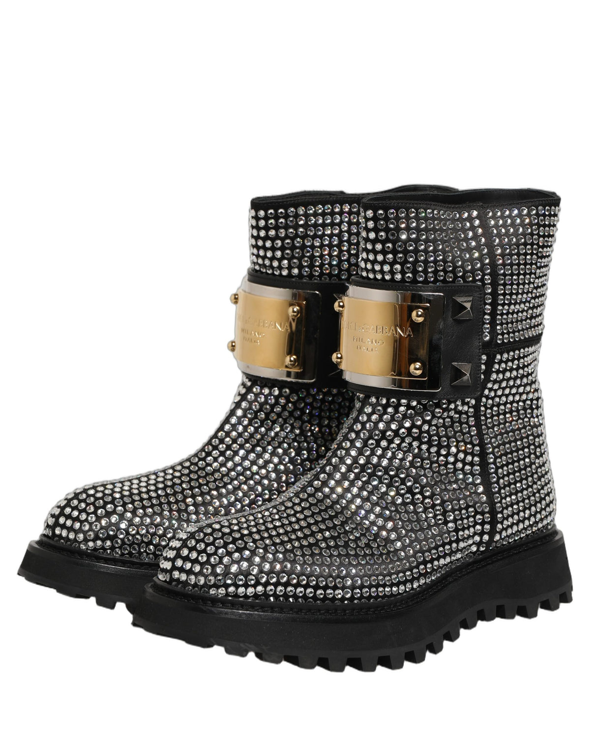 Dolce & Gabbana Men's Calf Leather & Crystal Ankle Mid-Calf Short Boots - Black