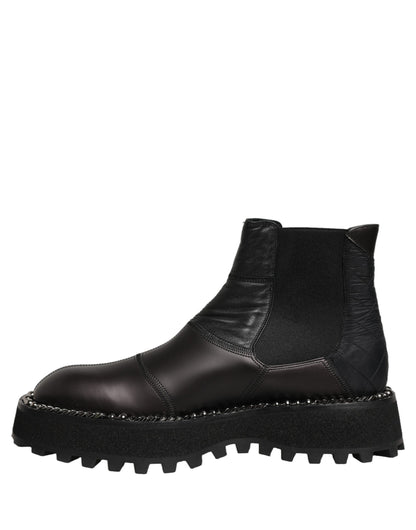 Dolce & Gabbana Men's Lamb Leather Nylon Polyester & Viscose Ankle Chelsea Boots - Black Silver Signature