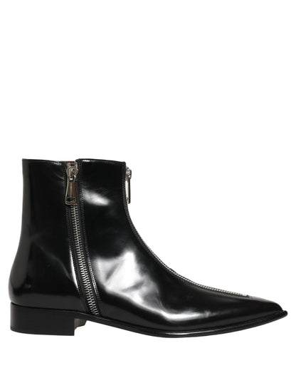 Dolce & Gabbana Black Leather Zipper Mid Calf Men Boots Shoes
