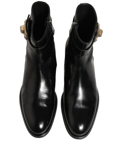 Dolce & Gabbana Men's Calf Leather Ankle Mid-Calf Strap Boots - Black Gold