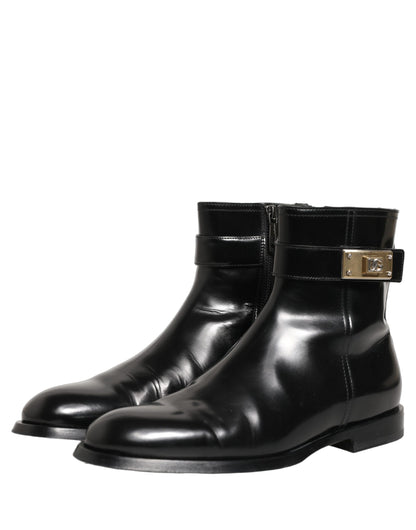 Dolce & Gabbana Men's Calf Leather Ankle Mid-Calf Strap Boots - Black Gold