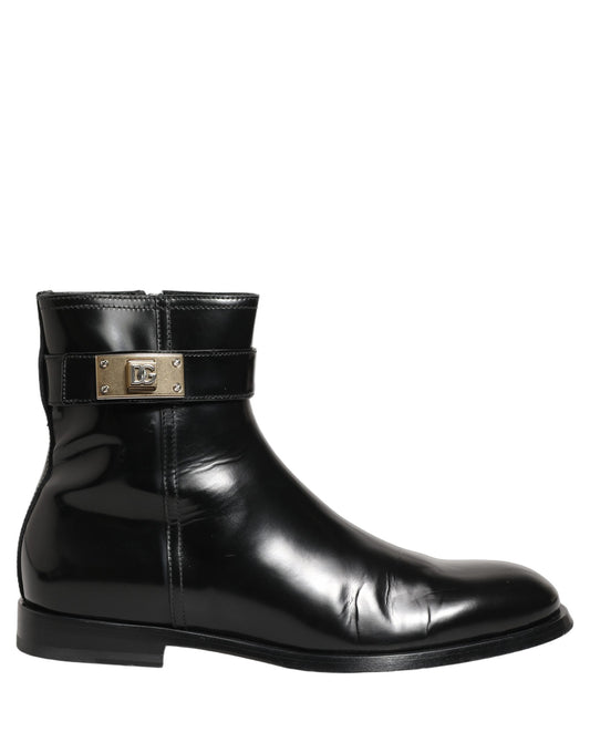 Dolce & Gabbana Men's Calf Leather Ankle Mid-Calf Strap Boots - Black Gold