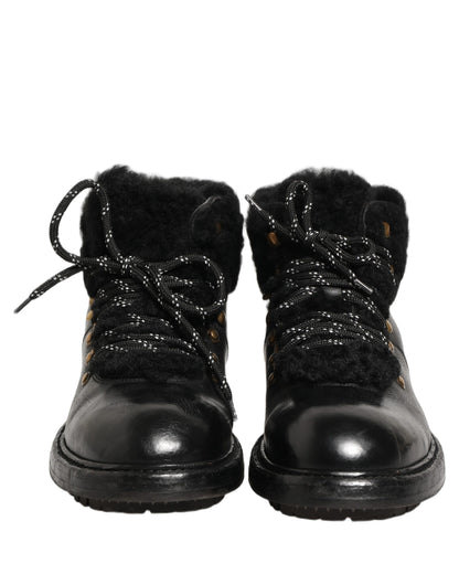 Dolce & Gabbana Men's Calf Goat & Horse Leather Silk Viscose Fur Lace-Up Short Boots - Black