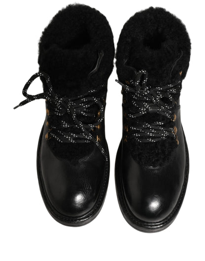Dolce & Gabbana Men's Calf Goat & Horse Leather Silk Viscose Fur Lace-Up Short Boots - Black
