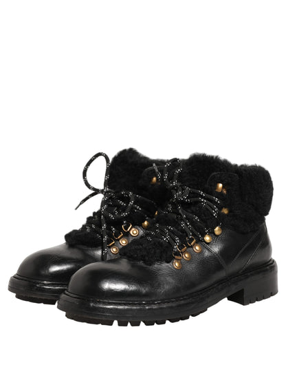 Dolce & Gabbana Men's Calf Goat & Horse Leather Silk Viscose Fur Lace-Up Short Boots - Black