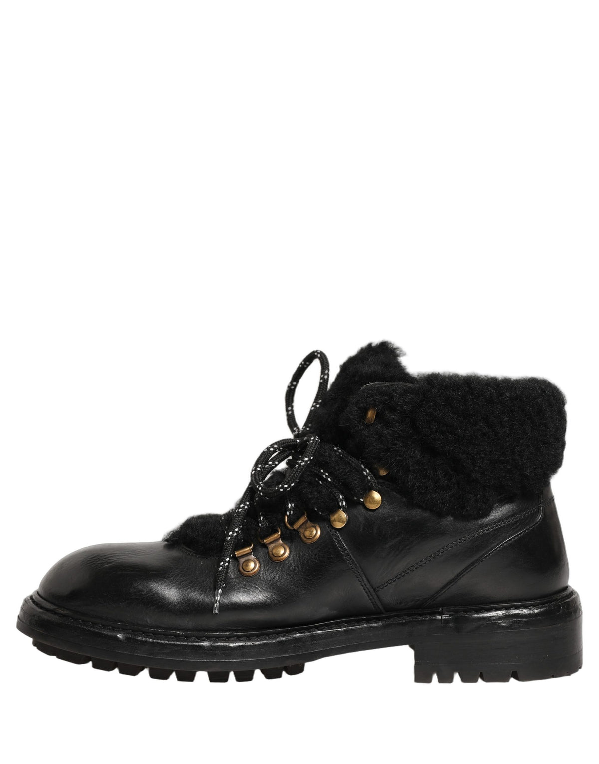 Dolce & Gabbana Men's Calf Goat & Horse Leather Silk Viscose Fur Lace-Up Short Boots - Black