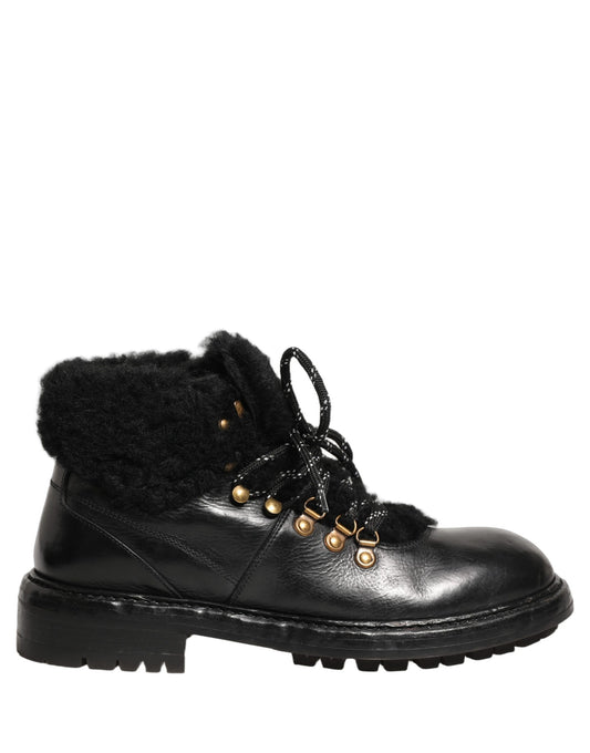 Dolce & Gabbana Men's Calf Goat & Horse Leather Silk Viscose Fur Lace-Up Short Boots - Black