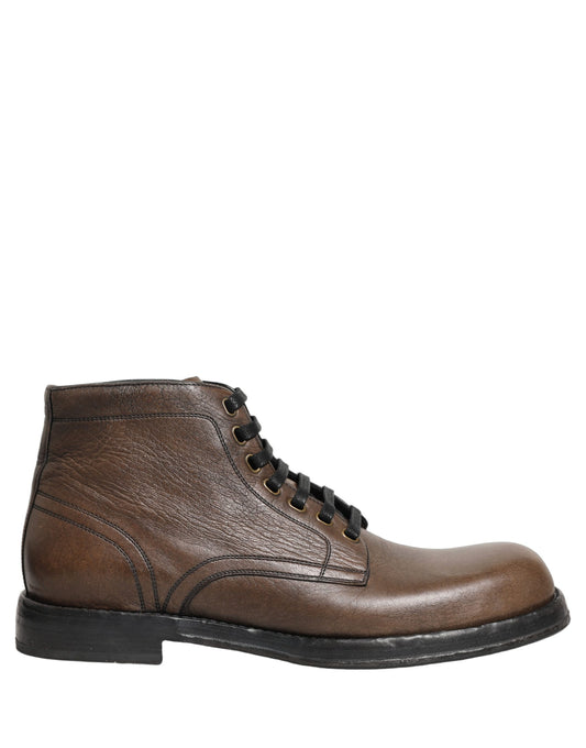 Dolce & Gabbana Men's Silk Viscose Calf Goat & Horse Leather Lace-Up Ankle Short Boots - Brown