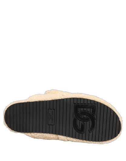 Dolce & Gabbana Men's Rubber & Faux Fur Flat Loafer Slip-On Sliders Slider Sandals Shoes - Beige