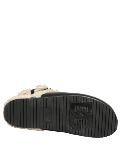 Dolce & Gabbana Men's Cotton Leather & Faux Fur Flat Loafer Slip-On Sliders Slider Sandals Shoes - Beige Black Blue
