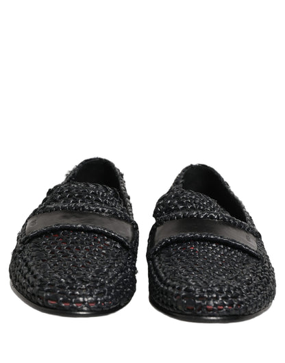 Dolce & Gabbana Men's Raffia Silk Viscose & Goat Leather Loafer Slip-On Shoes - Black