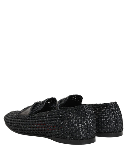 Dolce & Gabbana Men's Raffia Silk Viscose & Goat Leather Loafer Slip-On Shoes - Black