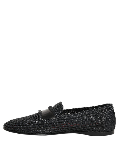 Dolce & Gabbana Men's Raffia Silk Viscose & Goat Leather Loafer Slip-On Shoes - Black