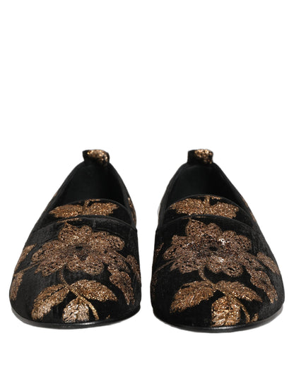 Dolce & Gabbana Men's Polyester Silk Goat & Calf Leather Loafer Slip-On Shoes - Black Floral Jacquard