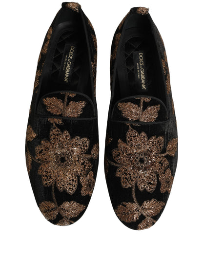 Dolce & Gabbana Men's Polyester Silk Goat & Calf Leather Loafer Slip-On Shoes - Black Floral Jacquard