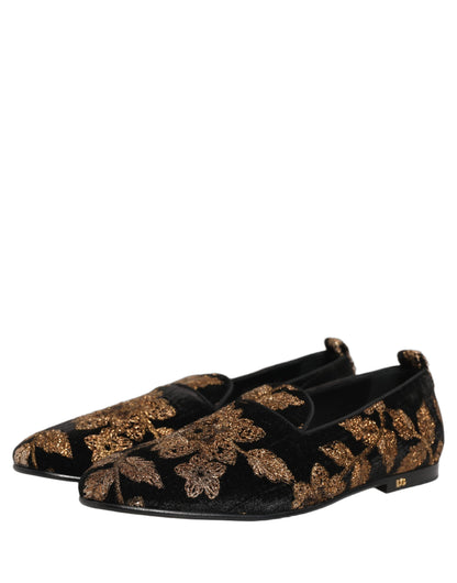 Dolce & Gabbana Men's Polyester Silk Goat & Calf Leather Loafer Slip-On Shoes - Black Floral Jacquard