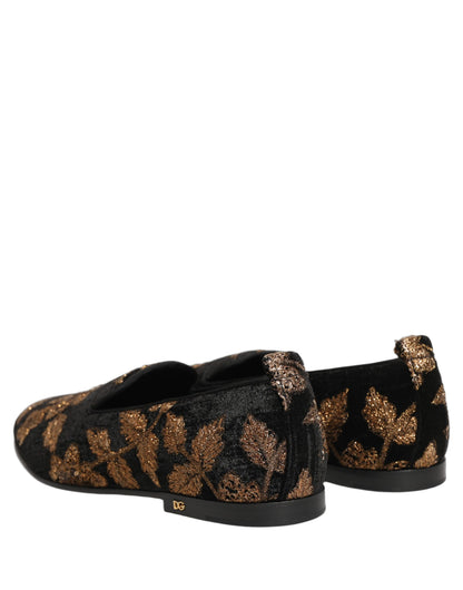 Dolce & Gabbana Men's Polyester Silk Goat & Calf Leather Loafer Slip-On Shoes - Black Floral Jacquard