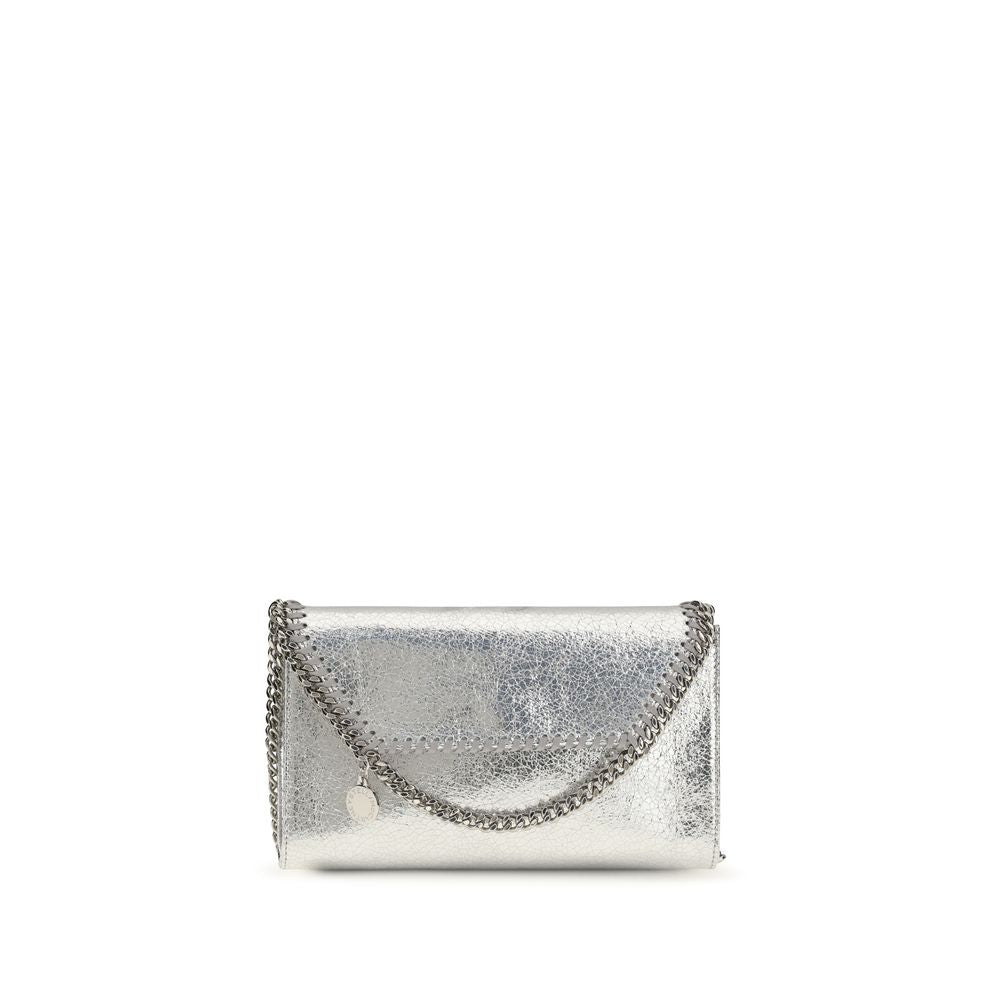 Compact Shoulder Flap Bag by Stella McCartney for women in poly viscose silver & signature presents a statuesque silhouette, showcasing a secure flap, magnetic & button and statuesque with versatile shoulder-strap for a sophisticated look.