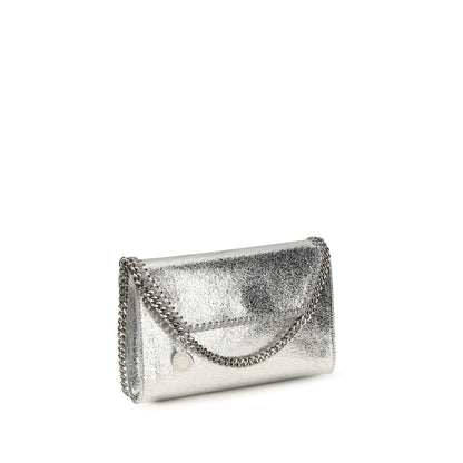 Compact Shoulder Flap Bag by Stella McCartney for women in poly viscose silver & signature features an effortlessly chic silhouette with a secure flap, magnetic & button, ample , and versatile shoulder-strap for effortlessly chic everyday luxury.