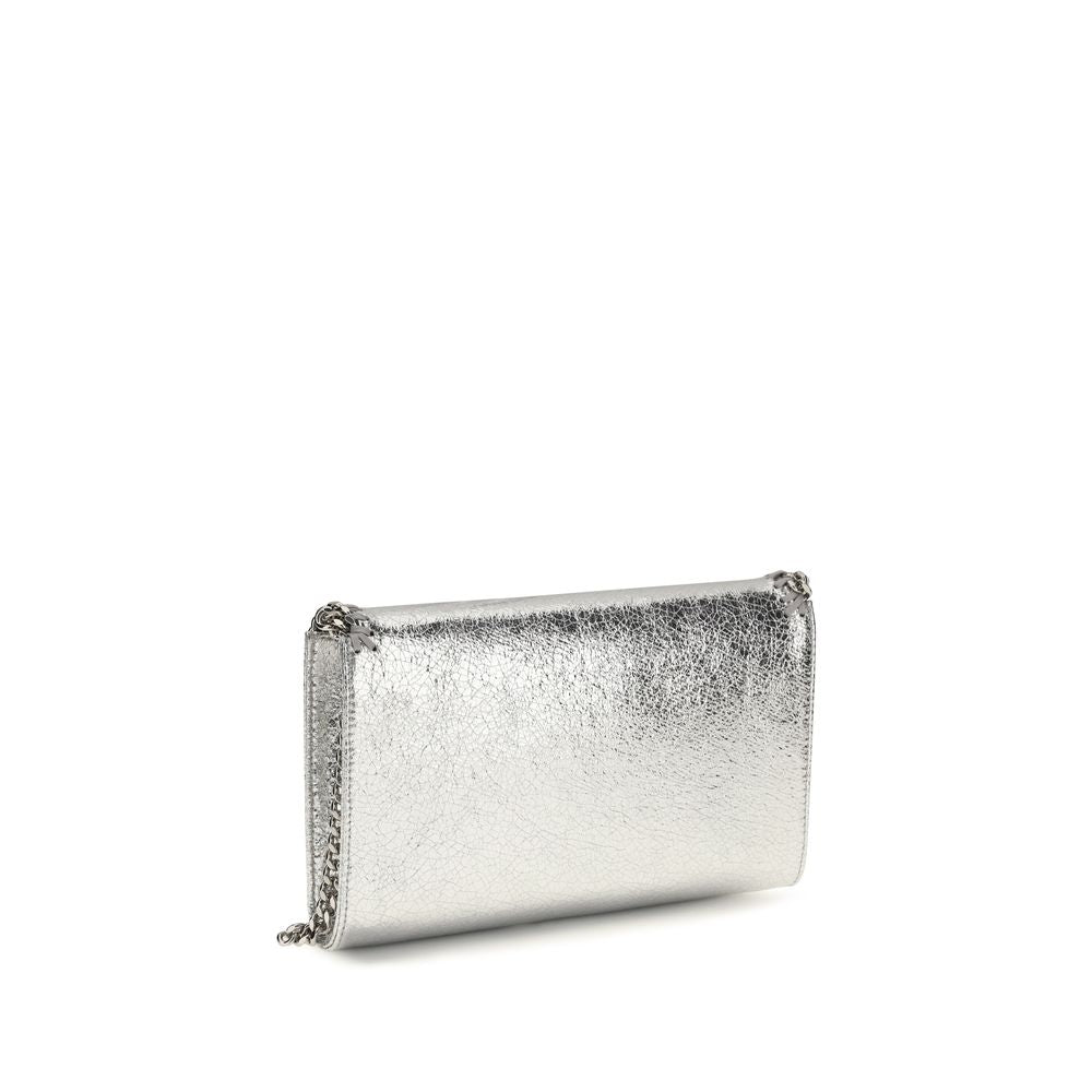 Compact Shoulder Flap Bag by Stella McCartney for women in poly viscose silver & signature showcases a statuesque silhouette, artfully detailed with a secure flap, magnetic & button, organized , and versatile shoulder-strap for a statuesque look.