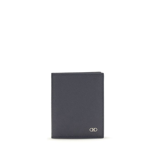 Cardholder Wallet by Ferragamo for men in bos taurus calfskin nappa leather blue, palladium & signature showcases a refined silhouette, artfully detailed with the signature style of the Gancini Bos Taurus Calfskin Nappa Leather Cardholder Wallet and functional card-organization compact-design.