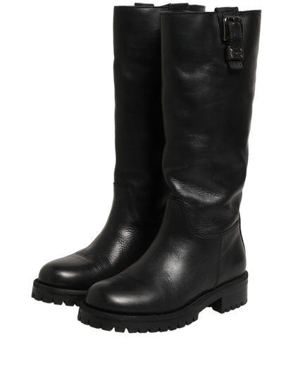 Dolce & Gabbana Women's Calf Leather Flat Mid-Calf Boots - Black
