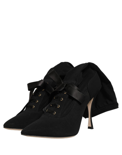 Dolce & Gabbana Women's Viscose Nylon Goat & Calf Leather High-Heel Stiletto Lace-Up Ankle Mid-Calf Boots - Black