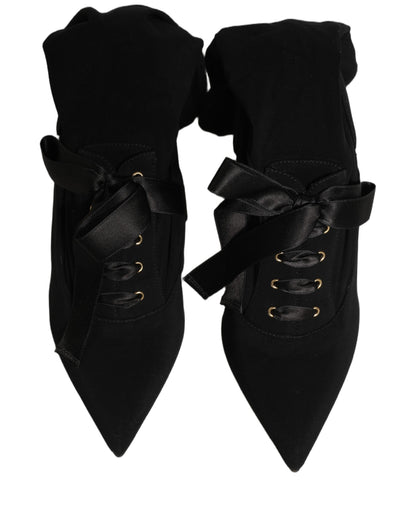 Dolce & Gabbana Women's Viscose Nylon Goat & Calf Leather High-Heel Stiletto Lace-Up Ankle Mid-Calf Boots - Black