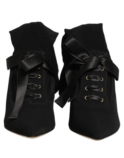 Dolce & Gabbana Women's Viscose Nylon Goat & Calf Leather High-Heel Stiletto Lace-Up Ankle Mid-Calf Boots - Black