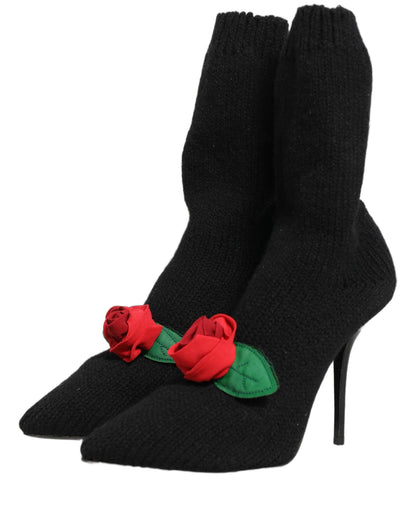 Dolce & Gabbana Women's Nylon Virgin Wool Eel & Calf Leather High-Heel Stiletto Sock Mid-Calf Boots - Black Floral