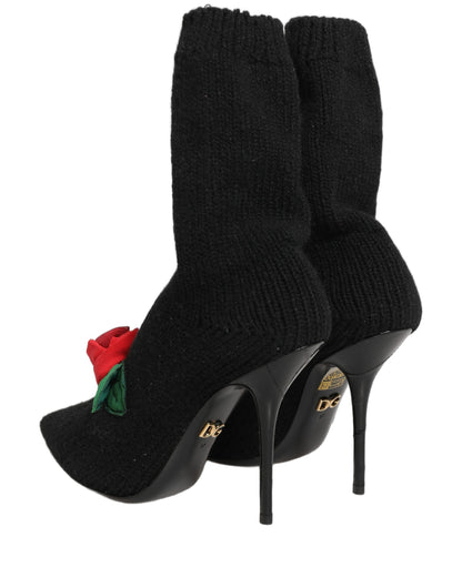Dolce & Gabbana Women's Nylon Virgin Wool Eel & Calf Leather High-Heel Stiletto Sock Mid-Calf Boots - Black Floral