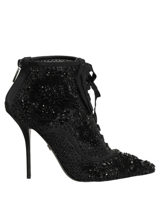 Dolce & Gabbana Women's Goat Leather Nylon & Polyester High-Heel Lace-Up Ankle Short Boots - Black Copper